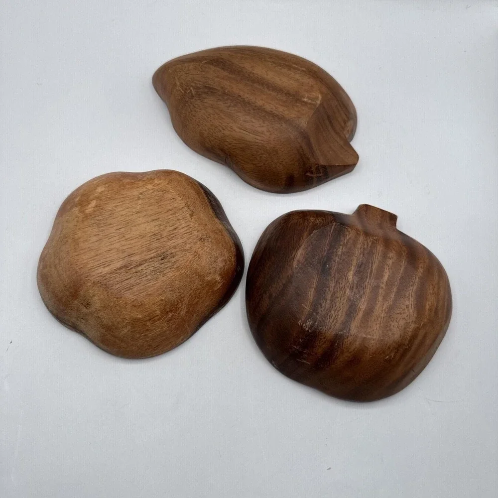 Set Of 3 Vintage Monkeypod Wood Salad Bowls Shaped Apple Leaf Apple Dinner Party